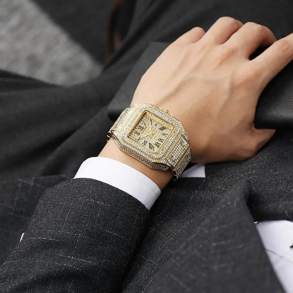 Hip Hop Iced Out Men Watch Square Diamond Quartz Luxury Mens Wrist Watches Gold Roman Calendar Steel Clock Relogio Masculino eprolo