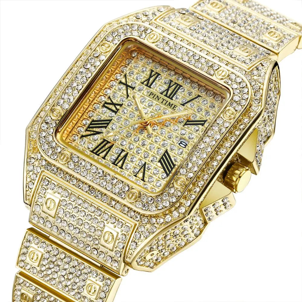 Hip Hop Iced Out Men Watch Square Diamond Quartz Luxury Mens Wrist Watches Gold Roman Calendar Steel Clock Relogio Masculino eprolo