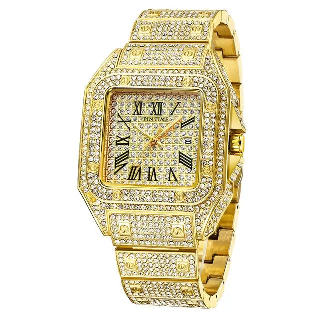 Hip Hop Iced Out Men Watch Square Diamond Quartz Luxury Mens Wrist Watches Gold Roman Calendar Steel Clock Relogio Masculino eprolo