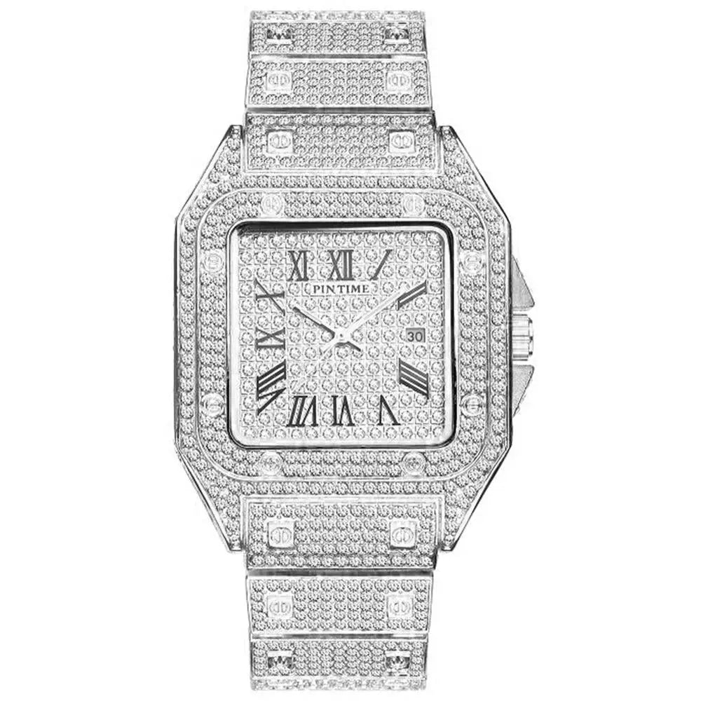 Hip Hop Iced Out Men Watch Square Diamond Quartz Luxury Mens Wrist Watches Gold Roman Calendar Steel Clock Relogio Masculino eprolo